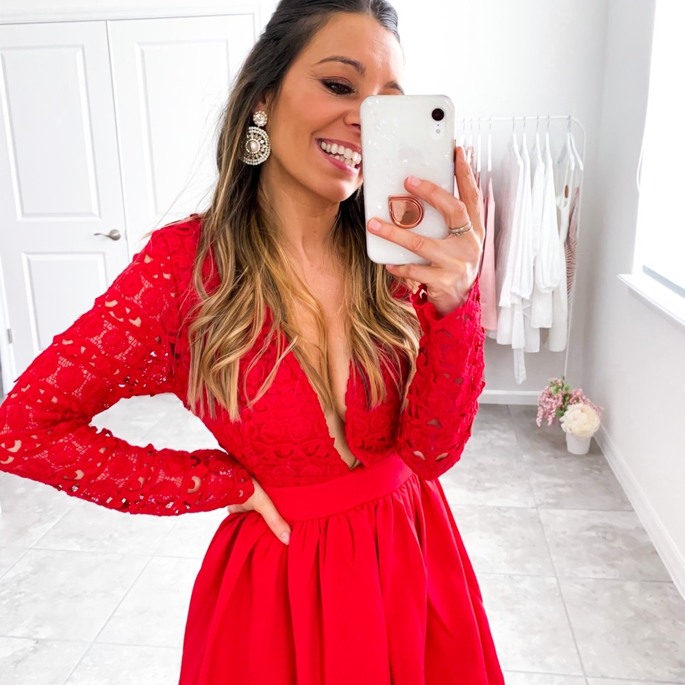 Red Plunge Guipure Lace Long Sleeve Skater Dress - Picture 12 of 16